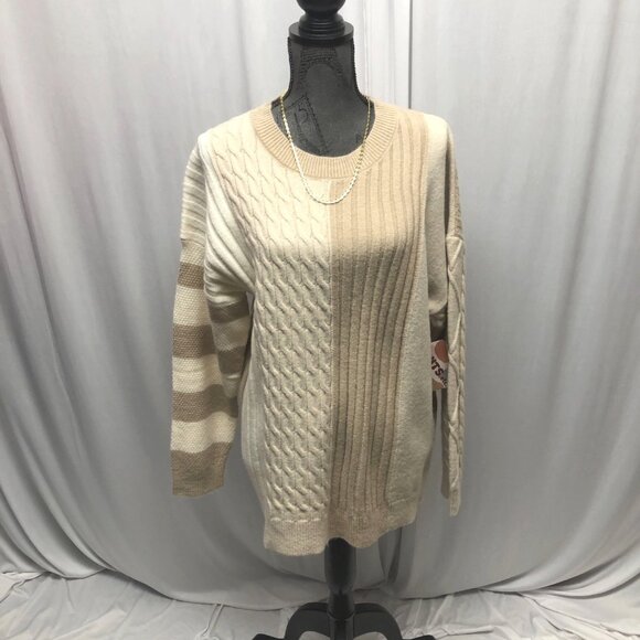 Neutral Colorblock Cable Knit Sweater Womens Size XL Drop Shoulder Sleeve NEW - Picture 2 of 10